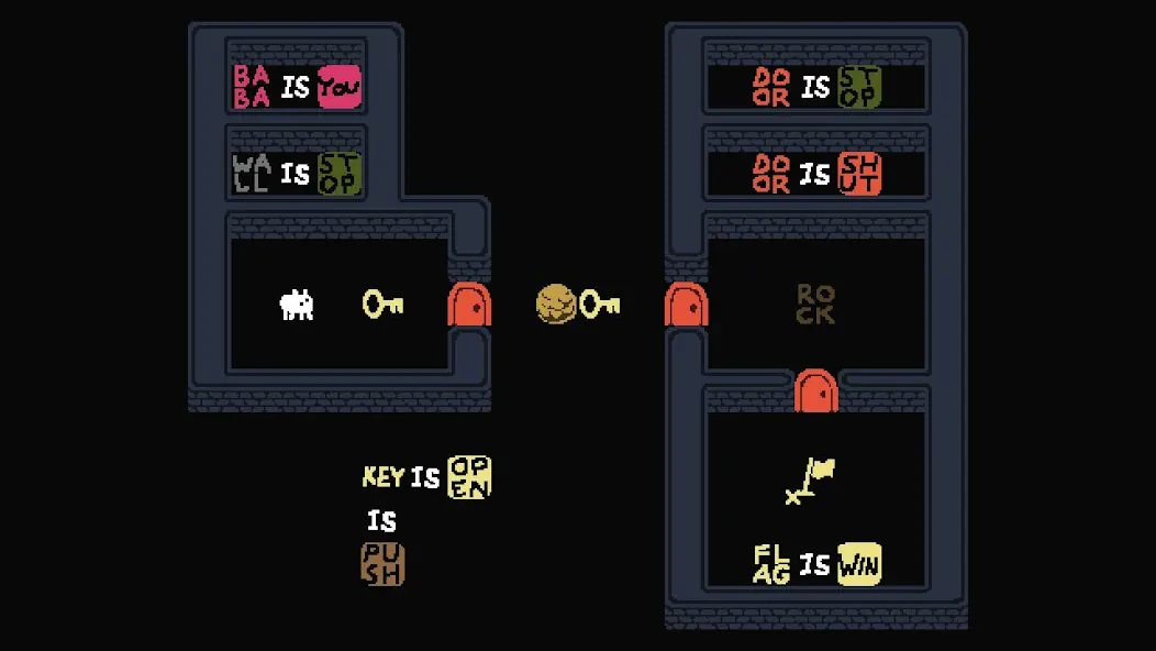 Baba Is You puzzle level with movable word blocks